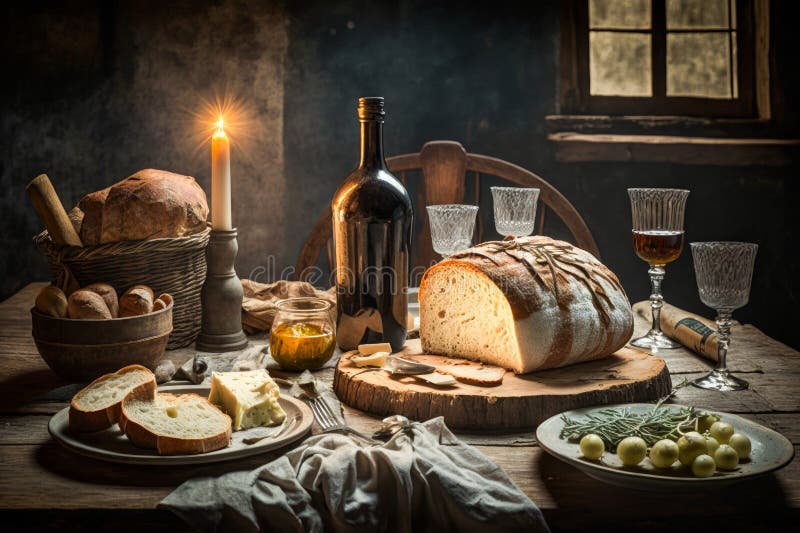 Table with Bread, Wine and Candles on it. Generative AI Stock
