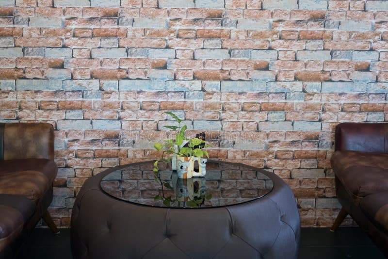 Table and Brown Leather Sofa at Restaurant or Cafe Coffee Shop Stock Image Image of shop