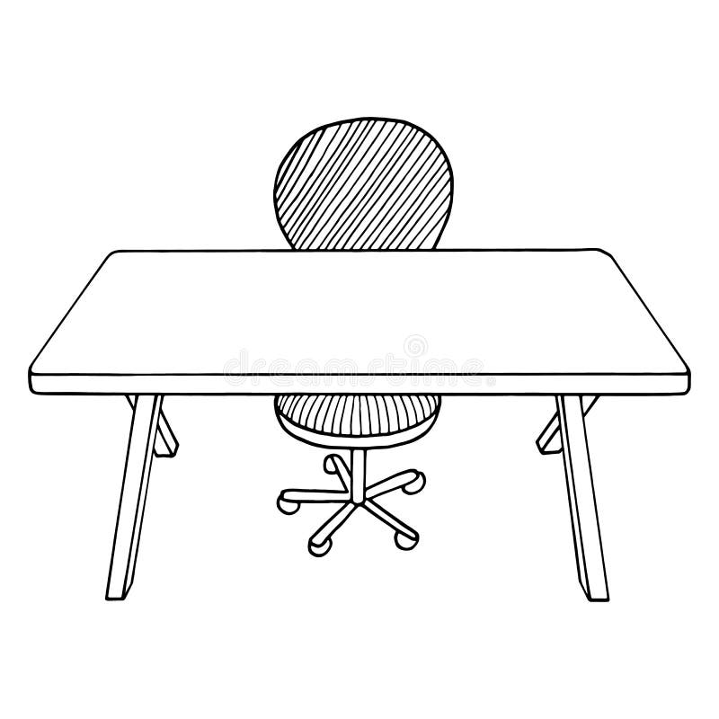 table chair home office school workplace desk outline hand drawn vector illustration remote work comfort stay 179382217