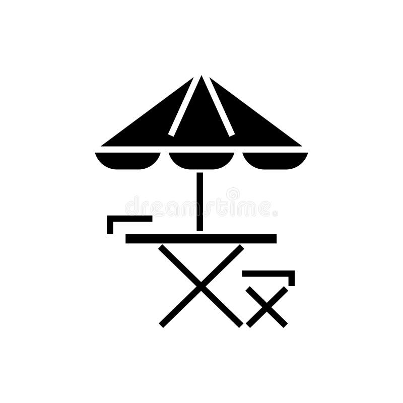 Table, chair and sun umbrella icon, vector illustration, black sign on isolated background stock illustration Table, chair and sun umbrella icon, vector illustration, black sign on isolated background stock illustration