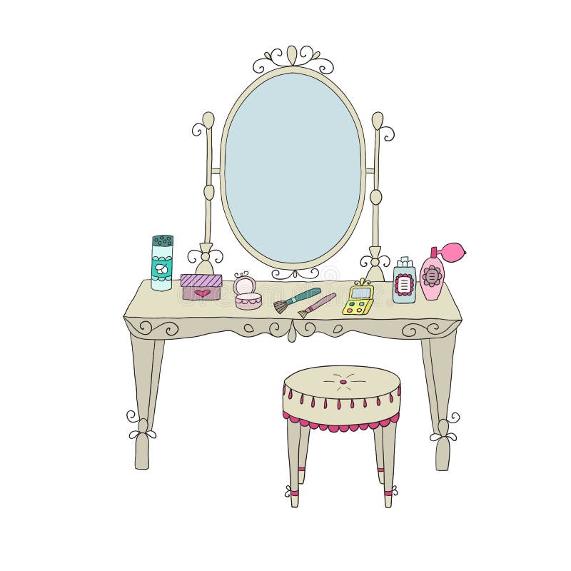 Table de vanité avec le maquillage et une chaise illustration libre de droits Table de vanité avec le maquillage et une chaise illustration libre de droits