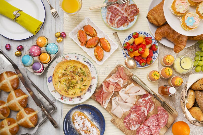 Table with delicatessen ready for Easter brunch