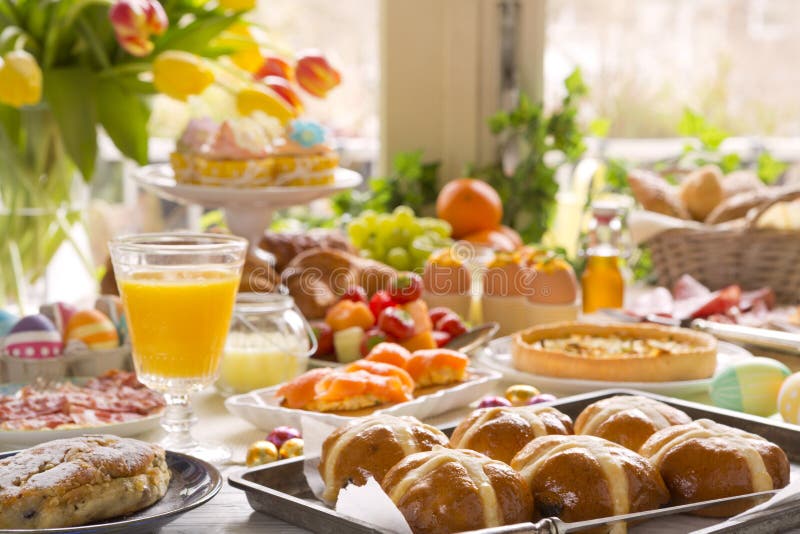 Table with delicatessen ready for Easter brunch