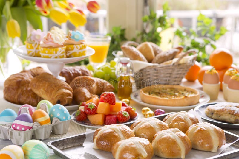 Table with delicatessen ready for Easter brunch