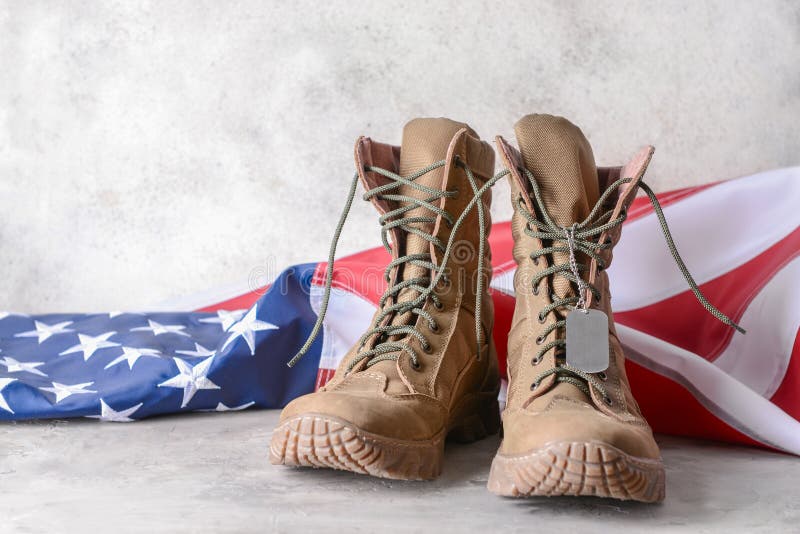 Military Boots and USA Flag on Table Stock Photo - Image of occupation ...