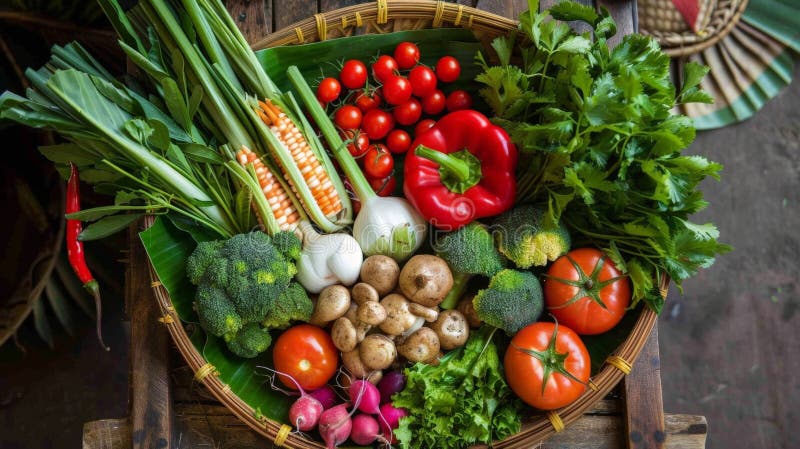 Table featuring a variety of fresh vegetables in baskets stock images
