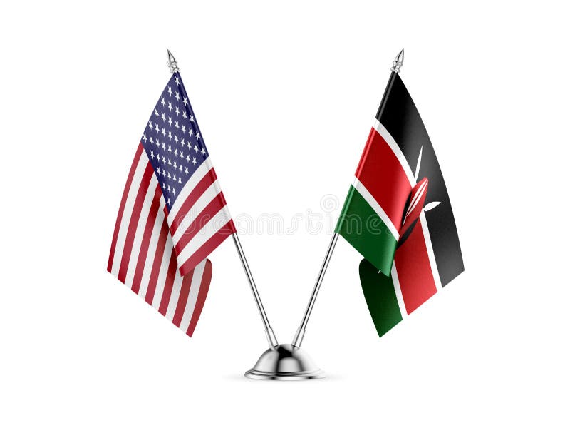 Table flags, United States America and Kenya, isolated on white background. 3d image stock illustration.
