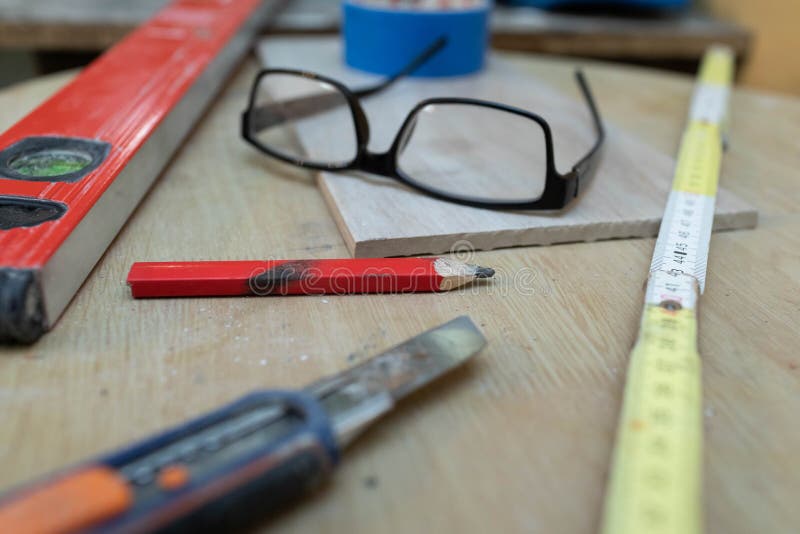 During Construction Work, Various Measuring Tools for the Job Lie on