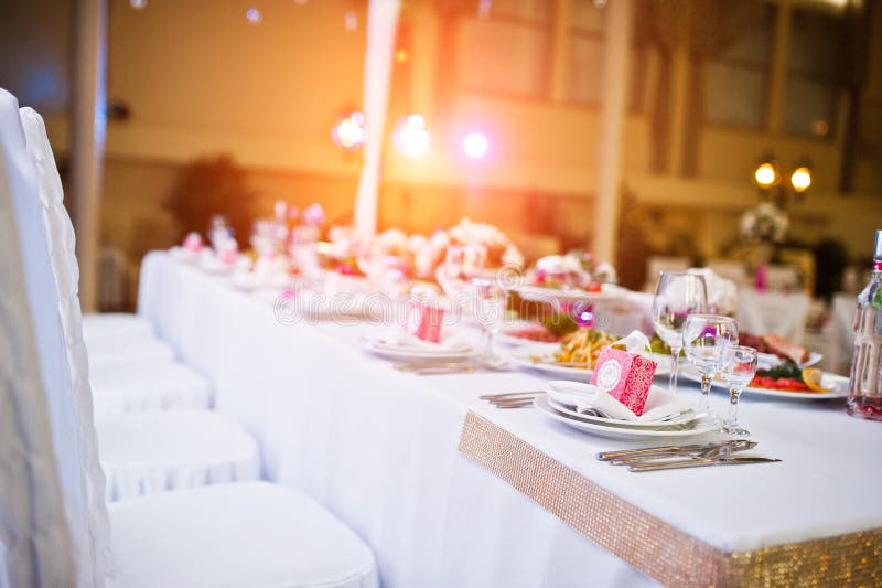 Table of Newlyweds with Dises and Chairs. Stock Photo Image of