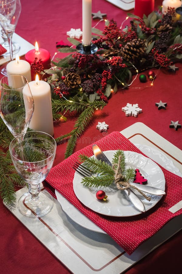 Table Served for Christmas Dinner, Festive Setting with Decorations ...