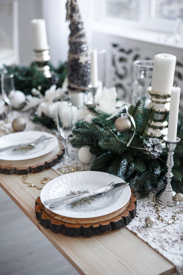 Table Served for Christmas Dinner in Living Room Stock Photo - Image of