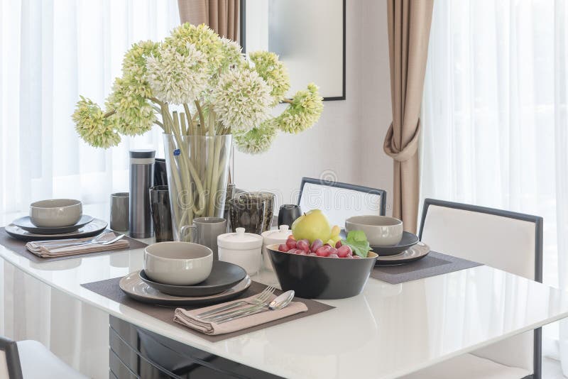 Table Set on Dining Table with Vase of Flower Stock Image Image of