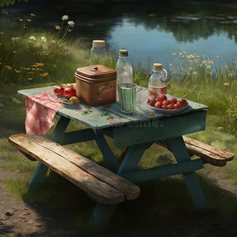 Table Set for a Picnic Under a Tree in the Park . Stock Illustration