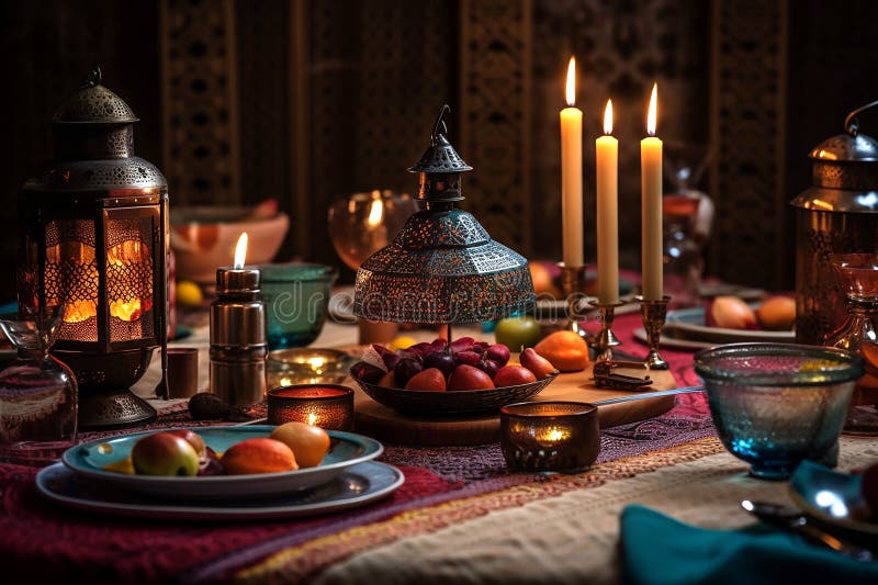 Table Setting with Colourful Ramadan Halal Food and Burning Candles