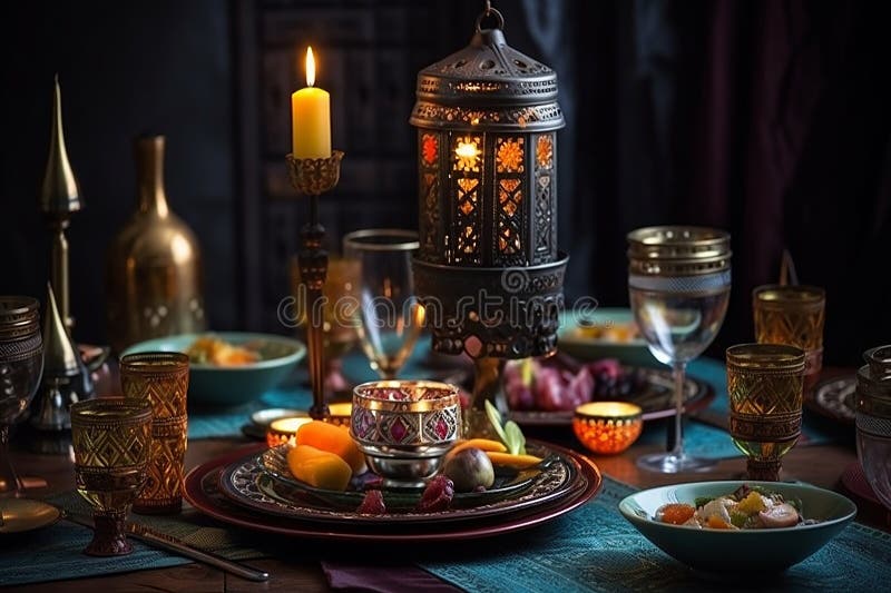 Table Setting with Colourful Ramadan Halal Food and Burning Candles