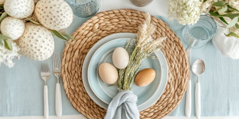 A table setting features eggs and flowers, creating a charming and inviting atmosphere. stock photos