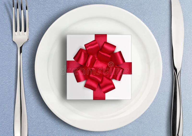 Table Setting with Gift Box on Plate. Top View Stock Photo Image of