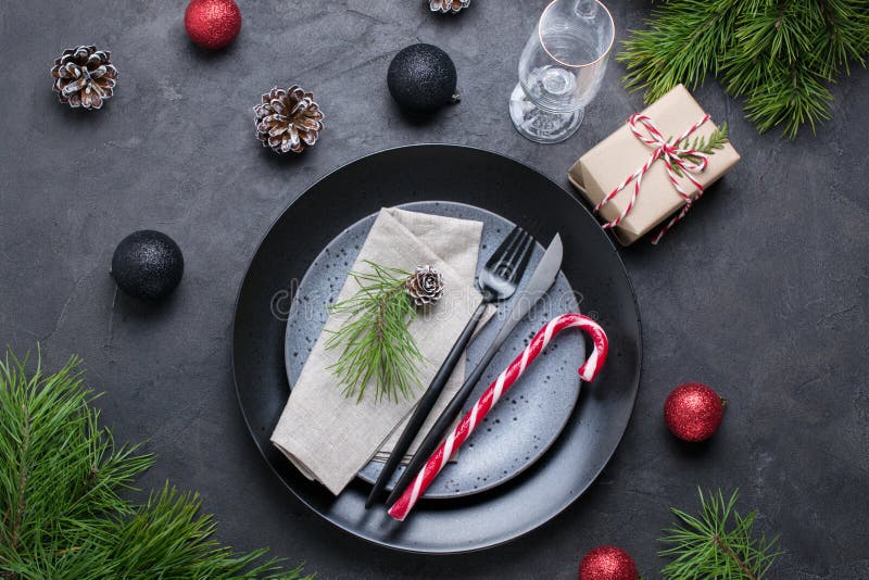 Table Setting with Gift Boxes,candy Cane and Holiday Decorations Top