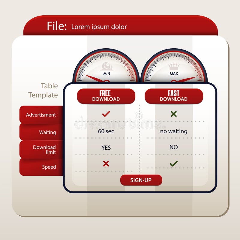 Table template for file sharing websites stock illustration