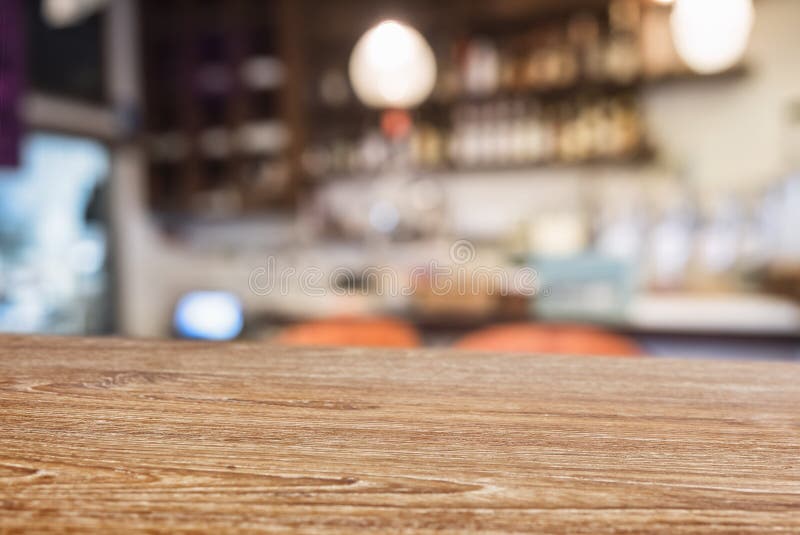 Table top Wooden counter Bar cafe restaurant interior lighting blur background