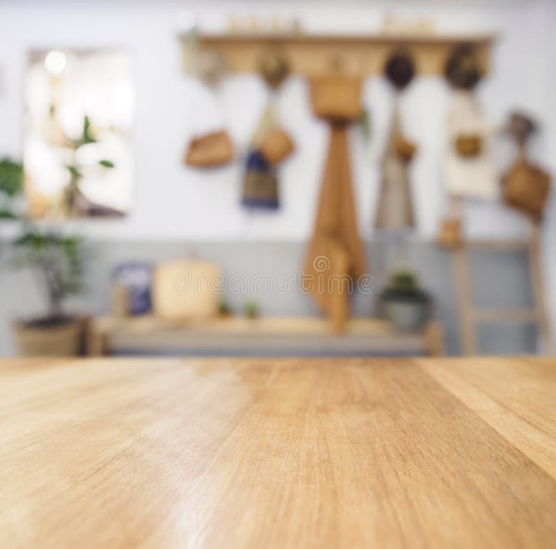 Table Top Wooden Counter Blurred Kitchen Background Stock ...