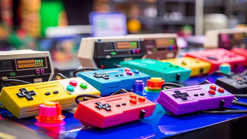 Table Topped With Nintendo Game Controllers and Controllers stock illustration