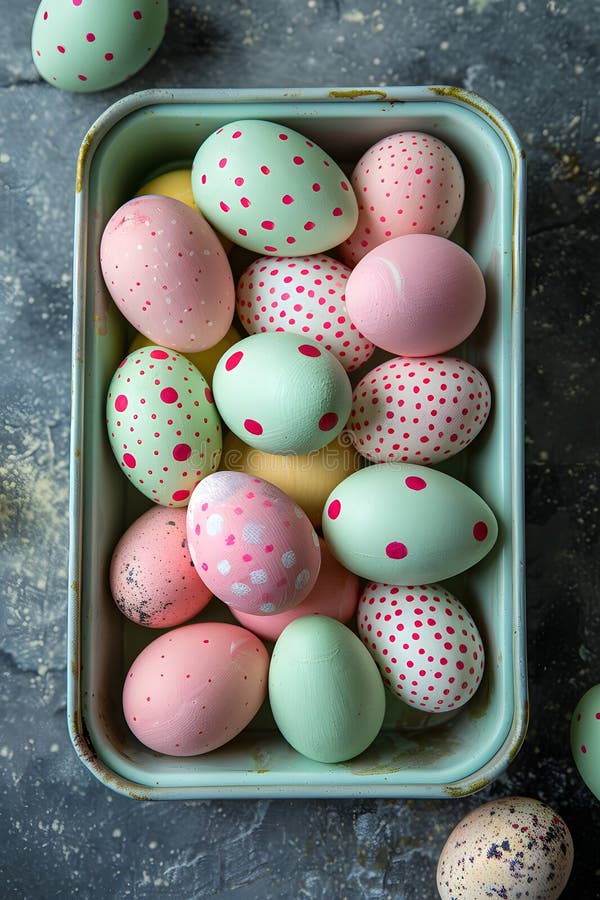 A tray of vibrant Easter eggs displayed on a table, adding color and charm to the room. These eggs can be a delightful ingredient in various sweet treats and desserts, perfect for the festive season. Traditional easter desserts stock images, royalty-free photos and pictures