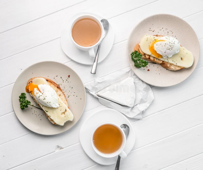 Table for two, poached egg and tea, topshot