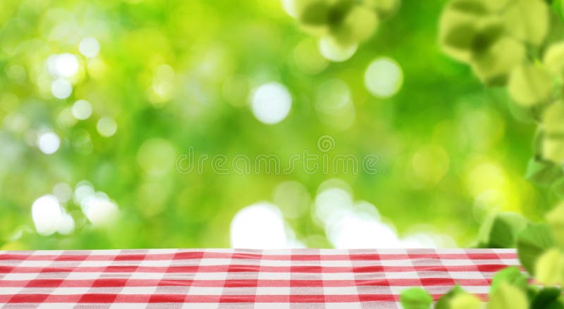 Table vide avec la serviette à carreaux dehors Pique-nique d'?t? photographie stock Table vide avec la serviette à carreaux dehors Pique-nique d'?t? photographie stock