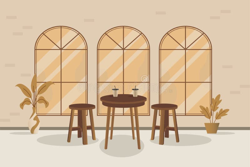 Illustration of a cafe interior with classic wooden chairs and tables