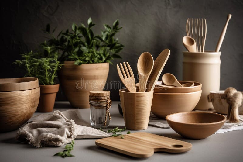 A Table with Wooden Utensils and a Plant on it AI Generation Stock