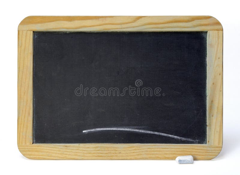 Small old chalkboard and piece of chalk over white background. Small old chalkboard and piece of chalk over white background