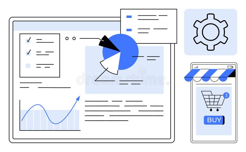Tableau de bord du marketing numérique avec cartes de données analytiques et interface d'achat en ligne. Un tableau de bord numérique comprend des graphiques graphique à secteurs paramètres de liste de contrôle matériel et icône d'achat en ligne. idéal marketing stratégie business analytics ecommerce technologie conception de site web. simple