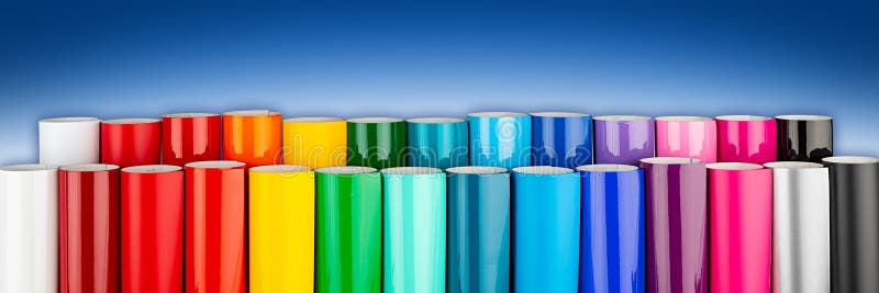 Row of various rainbow colored vinyl car wrapping or plotter cutting sticker foil film rolls on blue white wide panorama banner background. Row of various rainbow colored vinyl car wrapping or plotter cutting sticker foil film rolls on blue white wide panorama banner background