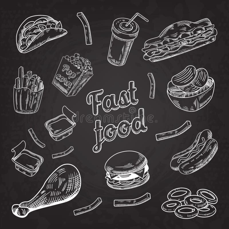 Tableau noir de menu de restaurant d'aliments de préparation rapide Hot-dog de croquis de pommes frites tirées par la main d'hamb illustration stock Tableau noir de menu de restaurant d'aliments de préparation rapide Hot-dog de croquis de pommes frites tirées par la main d'hamb illustration stock