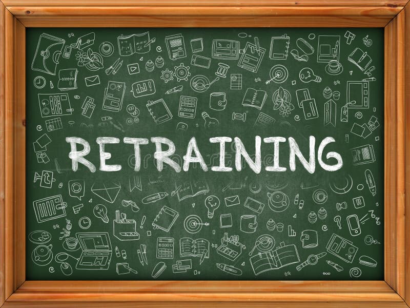 Tableau noir vert avec Reconversion professionnelle dessinée à la main illustration stock