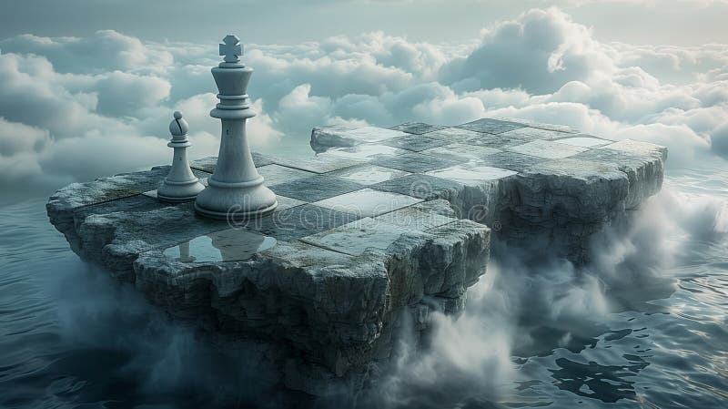 A chess board is placed on a tiny island surrounded by water, with a scenic natural landscape of trees and clouds in the sky 3 AI generated. A chess board is placed on a tiny island surrounded by water, with a scenic natural landscape of trees and clouds in the sky 3 AI generated