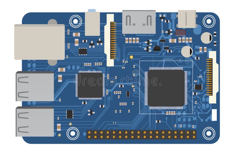 Tablero mega electrónico de DIY con un microprocesador, los interfaces, el LED, los conectores, y otros componentes electrónicos, libre illustration Tablero mega electrónico de DIY con un microprocesador, los interfaces, el LED, los conectores, y otros componentes electrónicos, libre illustration