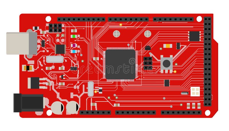 Tablero mega electrónico de DIY con un microprocesador, los interfaces, el LED, los conectores, y otros componentes electrónicos, stock de ilustración Tablero mega electrónico de DIY con un microprocesador, los interfaces, el LED, los conectores, y otros componentes electrónicos, stock de ilustración