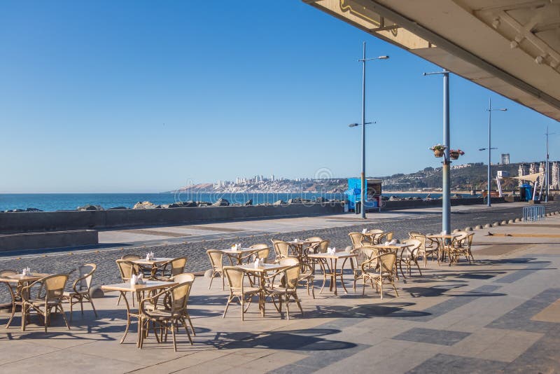 Tables in a cafe at Vina del Mar Promenade in Vina del Mar, Chile