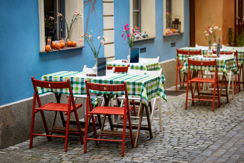 Tables and Chairs in the Restaurant Stock Photo Image of blue