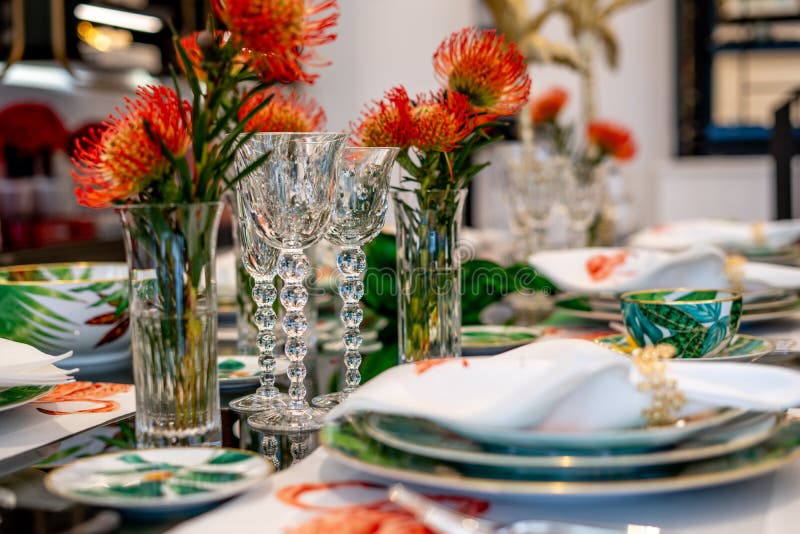Tables Set for an Event Party. Luxury Elegant Table Setting Dinner in a
