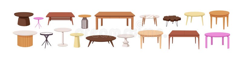 Tables set. Wooden, glass and plastic in round and rectangle shape, large and small size, for kitchen, dining and coffee, for royalty free illustration