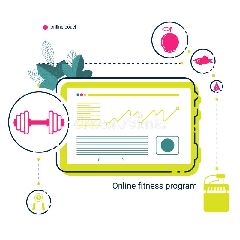 Tablet with app of online fitness plan, leaves and flat icons of healthy lifestyle. Web mobile design. royalty free illustration Tablet with app of online fitness plan, leaves and flat icons of healthy lifestyle. Web mobile design. royalty free illustration