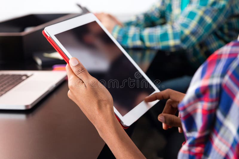 Tablet black blank screen woman point finger royalty free stock photography Tablet black blank screen woman point finger royalty free stock photography