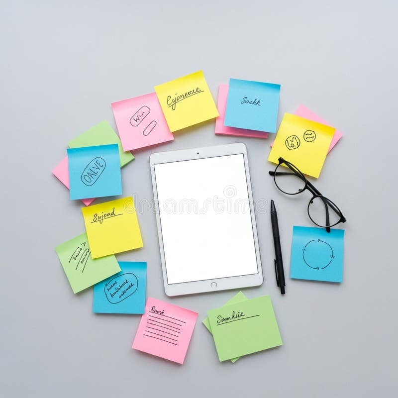 A tablet with a blank screen is centrally placed on a gray surface, surrounded by colorful sticky notes in blue, pink, yellow, and green. Various handwritten notes and symbols are visible on the sticky notes. A pair of black-rimmed glasses and a black pen are placed adjacent to the tablet. The arrangement suggests a creative or planning setup, invoking a sense of organization and brainstorming. Handwritten symbols illustrations