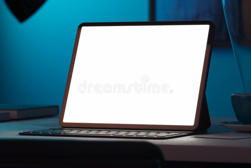 Tablet with blank white screen and keyboard, on table. workspace. 3d rendering. royalty free illustration Tablet with blank white screen and keyboard, on table. workspace. 3d rendering. royalty free illustration