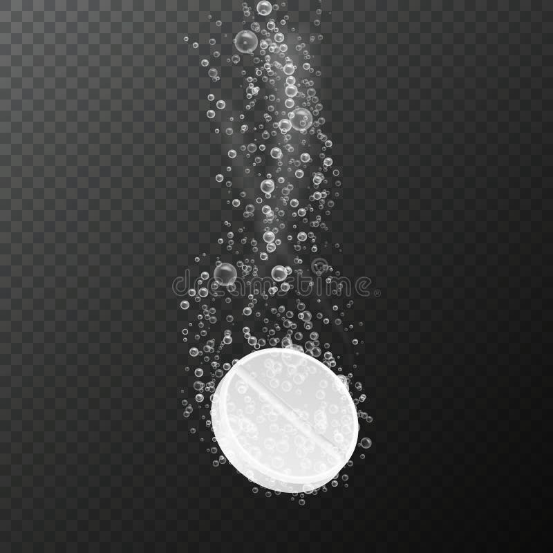 Tablet with bubbles. Effervescent dissolving aspirin pill in fizzy water. Vitamin drug with bubbles. Pharmacy vector