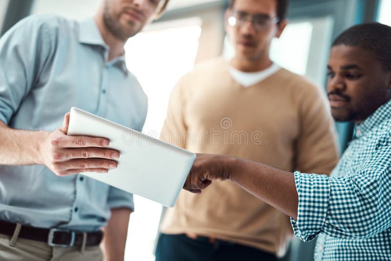 Tablet, business men and web design planning for app developer project with creative ideas in office. Brainstorming stock photos