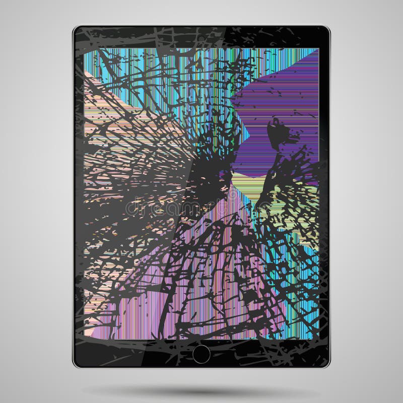 Tablet Computer with Broken Glass Screen Isolated on Gray Background